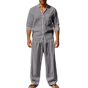 Ensemble décontracté en lin pour homme : chemise à manches longues et pantalon, tissé uni gaufré 270g, respirant pour le printemps - Product Image 3