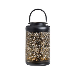 Farol de Hierro Negro con Patrón de Hojas Doradas, Decoración para el Hogar, Portavelas Metálico Resistente - Product Image 1