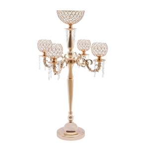 Candélabre doré avec accents en cristal, porte-bougie à 5 bras, décoration d'intérieur, décoration de mariage - Product Image 2
