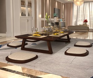 Ensemble de salle à manger en bois de style japonais rustique moderne, 6 pièces, chaises rembourrées à hauteur de sol, table rectangulaire, meubles de maison - Product Image 1