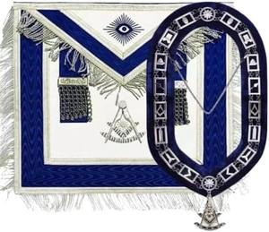Delantal Masónico de Past Master con Detalles Azules, Collar de Cadena y Joya. Construcción de Alta Calidad para Mayor Durabilidad y Elegancia. - Product Image 1