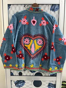 Vintage Light Blue <b>Velvet</b> Suzani Embroidered <b>Jacket</b> With Floral Pattern Stand Collar Full Sleeve Autumn <b>Women's</b> Blouson Coat - Product Image 2