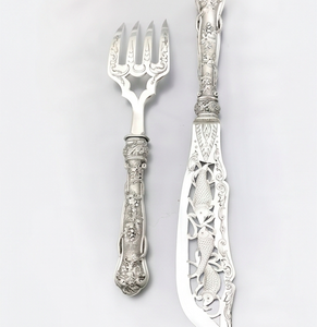 Ensemble de fourchettes et couteaux vintage en argent plaqué, design poisson, finition miroir haute brillance, compatible lave-vaisselle, couverts en métal pour la cuisine - Product Image 1