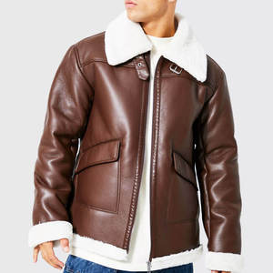 Veste de moto pour homme en cuir véritable doublée de sherpa, imperméable, respirante, coupe-vent, col rabattable, fermeture éclair, manteau d'hiver - Product Image 1
