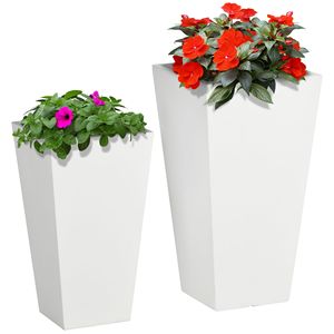 Lot de 2 pots de fleurs élégants en MgO blanc pour extérieur avec grande jardinière en bois et pots métalliques pour jardin, patio, cour, drainage - Product Image 1