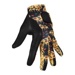 Gants de golf antidérapants à doigts complets avec imprimé tranches de pizza, paume en cuir noir, dos en maille extensible, panneaux jaunes en forme de fromage sur les doigts, compatibles avec les écrans tactiles - Product Image 2