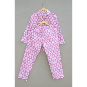 Pijama indio de algodón puro con estampado de bloques de tendencia, con cuello en V Conjunto de pijama, ropa de dormir cómoda para mujer, traje de noche - Product Image 2