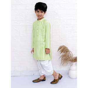 Conjunto de Kurta de Manga Larga con Rayas Verde Lima y Blanco para Niños, Pantalón Dhoti, Salwar Kameez Pakistaní, Dupatta, Kurtis de Poliéster Verde Lima y Blanco - Product Image 6