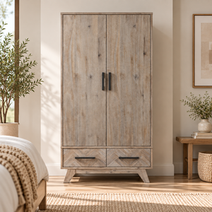 Solid Acacia Wood Bedroom <b>Wardrobe</b> 2 Doors 2 <b>Drawers</b> Large Storage Cabinet With Custom OEM ODM Manufacturing Wholesale - Product Image 1