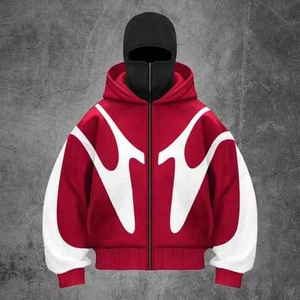 Men's <b>Red</b> White Color Blocking Zip-Up <b>Hoodie</b> Oversized Knitted Polyester Streetwear Autumn Wear - Product Image 1