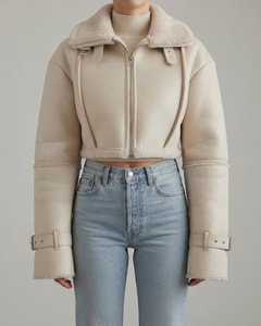 Blouson aviateur court en peau de mouton pour femme, avec bordure en fausse fourrure, style motard, manches oversize, vêtement d'extérieur d'hiver, vente en gros - Product Image 1