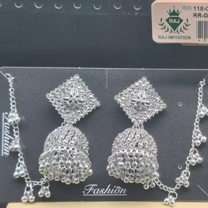 Oxidized <b>Silver</b> Rhombus <b>Stud</b> Jhumka <b>Earrings</b> Textured Dome Bell Ghungroo Ear Support Chains Wholesale <b>Set</b> - Product Image 1