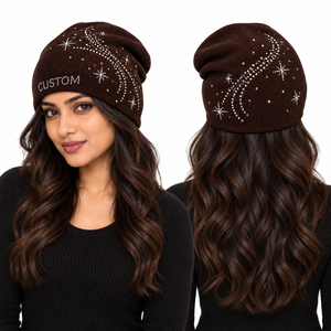 Custom Rhinestone Knit <b>Beanie</b> Women <b>Brown</b> Slouchy Winter Hat Sparkle Star Design Wholesale Fashion Streetwear Cap Bulk USA - Product Image 4