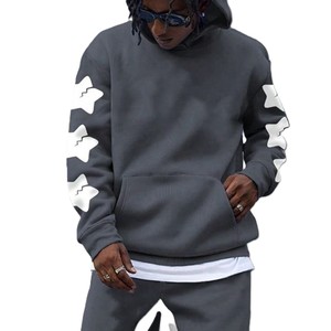 Men's Gray Hooded Tracksuit With <b>White</b> Star Print Loose Fit Streetwear <b>Sweatshirt</b> And Pants Full Length Autumn Wear - Product Image 3