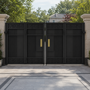 Puerta de entrada doble moderna de metal negro con bordes geométricos, listones verticales, detalles dorados y diseño residencial de lujo. - Product Image 4