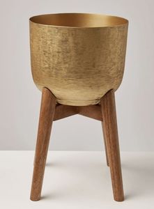 Maceta Moderna de Resina con Patrón Circular y Acabado Glaseado para Plantas de Interior, con Soporte de Madera, Diseño Minimalista en Blanco y Beige - Product Image 6