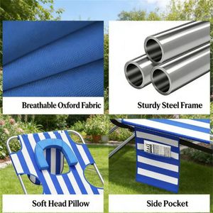 Silla de Jardín Ajustable con Rayas Azules, Tumbona para Tomar el Sol, Tumbona Azul - Product Image 3