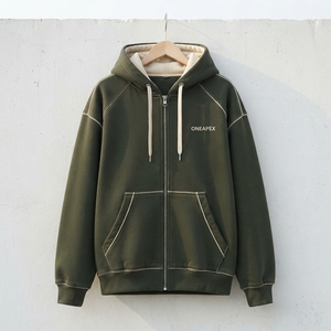 Custom Olive Green Full Zip <b>Hoodie</b> Contrast <b>Stitching</b> <b>Oversized</b> Streetwear Hooded Sweatshirt - Product Image 6