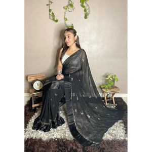 FANCY VISCOSA GEORGETTE SECUENCIA TRABAJO SAREE CON LISTO PARA USAR BLUSA NEGRO - Product Image 1