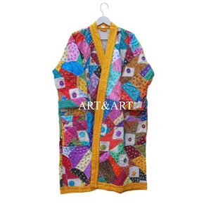 Bata Kimono de Algodón Puro Acolchada Multicolor con Retazos Kantha Hechos a Mano en India, Transpirable para Verano e Invierno, Abrigo para Mujer, Regalo - Product Image 3