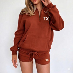 Women Half Zip Full Length 2 Piece Shorts <b>Set</b> Casual Athleisure 100% Cotton Fleece <b>Waterproof</b> Breathable Eco Friendly - Product Image 4