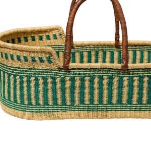Handmade <b>green</b> vertical stripe seagrass changing <b>basket</b> plus rattan changing kid <b>basket</b> with brown handles for nursery items - Product Image 4