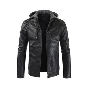 Blouson en cuir PU marron vintage pour homme avec capuche amovible, coupe ajustée décontractée, style motard, grande taille - Product Image 6