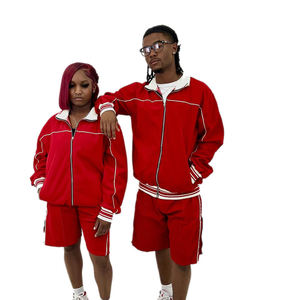 Red Men's 2 Piece Track Suit <b>Set</b> <b>Knitted</b> Polyester Sporty Summer Wear Turn Down Collar Solid Color - Product Image 2