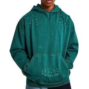 Sweat-shirt à capuche oversize en molleton pour homme, vert uni, style décontracté délavé, avec poches, manches classiques, tricoté, pour l'automne - Product Image 1