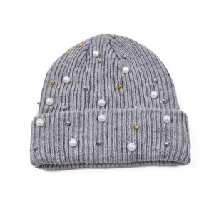 Hip Hop Winter Warm Thick Solid Color Women Ribbed Acrylic Cuffed Rivet Pearl <b>Knitted</b> <b>Beanie</b> With Pearls - Product Image 4