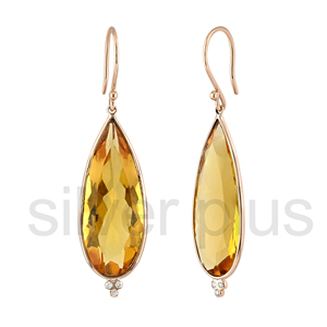 Boucles d'oreilles pendantes géométriques en or massif 18 carats faites à la main, avec citrine naturelle taille brillant et accents de diamants blancs, pour mariage et soirée - Product Image 5
