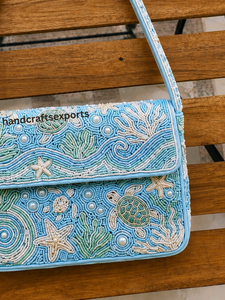 Bolso de Hombro Artesanal de Lujo con Cuentas, Temática Oceánica, con Tortuga Marina y Estrella de Mar |   Bolso de Mano de Moda para Mujer, Resistente y Seguro, Personalizado - Product Image 5