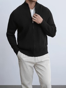 Men's Black Mandarin Collar Zipper <b>Cardigan</b> <b>Sweater</b> Full Sleeve Solid Color Anti-Pilling Cotton Autumn Wear - Product Image 3