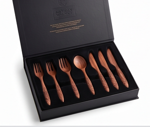 Juego de cubiertos modernos de madera con diseño de mangos tallados tradicionales, cubiertos reutilizables para uso en camping, utensilios de cocina y hoteles. - Product Image 3