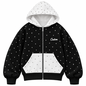 Sudadera con Capucha y Cremallera Unisex Oversize con Bloques de Color, 100% Algodón, Diseño de Puntos Bordados con Pedrería, Negra y Blanca, Casual de Invierno - Product Image 1