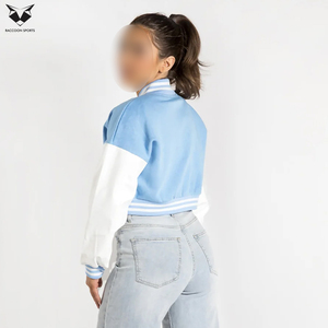 Light Blue White Varsity <b>Jacket</b> <b>Women</b> Full Sleeve Embroidered Letter B College Style Turn-Down Collar Short Length Autumn Wear - Product Image 4