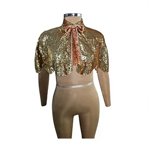 Luxury Beaded Sequin Club Cape <b>Top</b> with Wrap and Tie 100% Polyester Gold Sequined Embellishments and Velvet Bow - Product Image 6