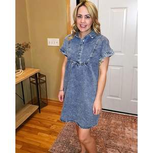 2025 Summer <b>Women's</b> Denim Dress Short Sleeve Button Collared Pleated Western <b>Jean</b> Dresses Pockets Relaxed Fit Simple <b>Light</b> - Product Image 6