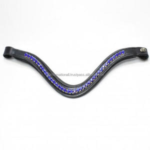 Banda de cuero para cejas de caballo, cristales brillantes azules de marca de lujo incrustados hechos a mano, negro o marrón, acolchado, en todos los tamaños personalizados - Product Image 3