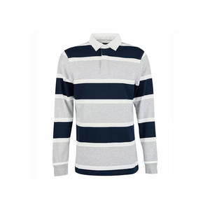 เสื้อโปโลรักบี้แขนยาวลายทางถักคุณภาพสูงสำหรับผู้ชาย คอปกพับได้ สีกรมท่า เทา ขาว สไตล์ลำลอง สำหรับฤดูใบไม้ผลิ - Product Image 1
