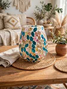 Porte-bougie en verre mosaïque écologique fait main, motif feuille, pot à bougie décoratif, lanterne pour la décoration de la maison, les mariages et les fêtes - Product Image 1
