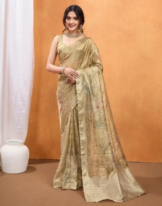Sari de Seda Estampado, Listo para Usar, Sin Arrugas, Reversible, Estilo Bollywood (Dorado) para Fiestas y Eventos - Product Image 3
