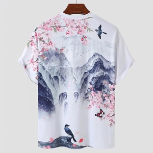 Latest Sublimation Style Men's Short Sleeve T-Shirt With Hand-Painted Mountain And Cherry-Blossom Print O-Neck Loose-Fit Cotton - Product Image 2