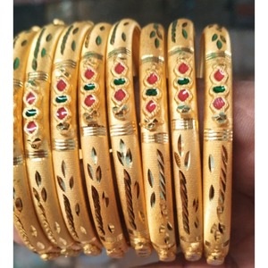 Elegant Gold Plated Alloy Brass Bangles Set <b>Red</b> Green Floral Design Traditional Jewelry for Women Wedding Wear High Shine - Product Image 1