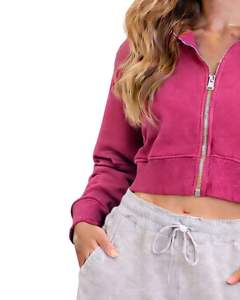 Sudadera con capucha corta personalizada para mujer, con cremallera, manga larga, informal, de felpa suave, estilo urbano, color rosa, para otoño e invierno. - Product Image 5