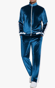 Ensemble de survêtement en velours bleu pour homme, manches longues, fermeture éclair, deux pièces, couleur unie, poches latérales, coupe classique, vêtements d'automne, vêtements de qualité supérieure pour homme - Product Image 6