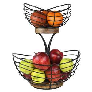 Corbeille à fruits en métal noir à 2 niveaux de qualité supérieure avec bases en bois d'acacia, support moderne pour légumes de table, organisateur de comptoir de cuisine - Product Image 1