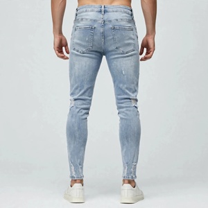 <b>Men's</b> Slim Fit Distressed <b>Ripped</b> Denim <b>Jeans</b> Mid Waist Light Blue Casual Style Spring Wear Woven Cotton Fabric - Product Image 3