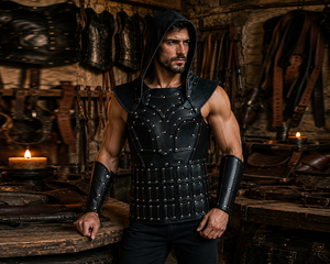 Leather Armor Medieval Knight <b>Costume</b> Viking Warrior LARP <b>cosplay</b> <b>costume</b> Pirate Vest Hood <b>Men</b> Leather Chest Bringandine Armor - Product Image 4