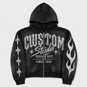 Sweat à capuche personnalisé avec strass pour homme, coupe oversize, streetwear, fermeture éclair sur le devant, imprimé à pois noirs, tissu FRENCH TERRY, style hiver - Product Image 5